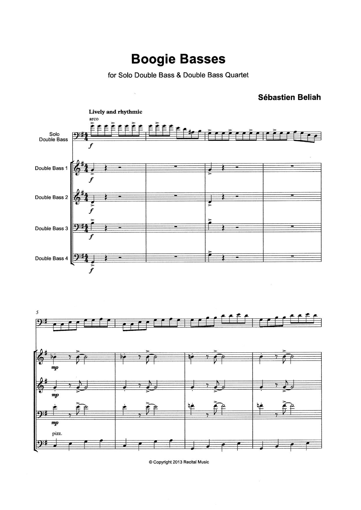 Sébastien Beliah: Boogie Basses for solo double bass & double bass quartet