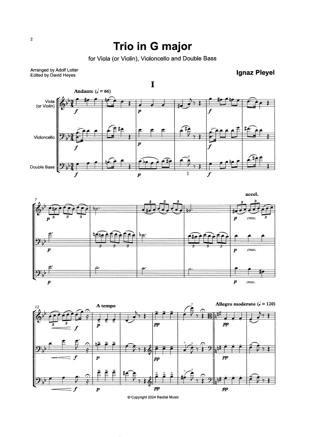 Ignaz Pleyel: Trio in G major for viola (or violin), violoncello & double bass (arr. Adolf Lotter)