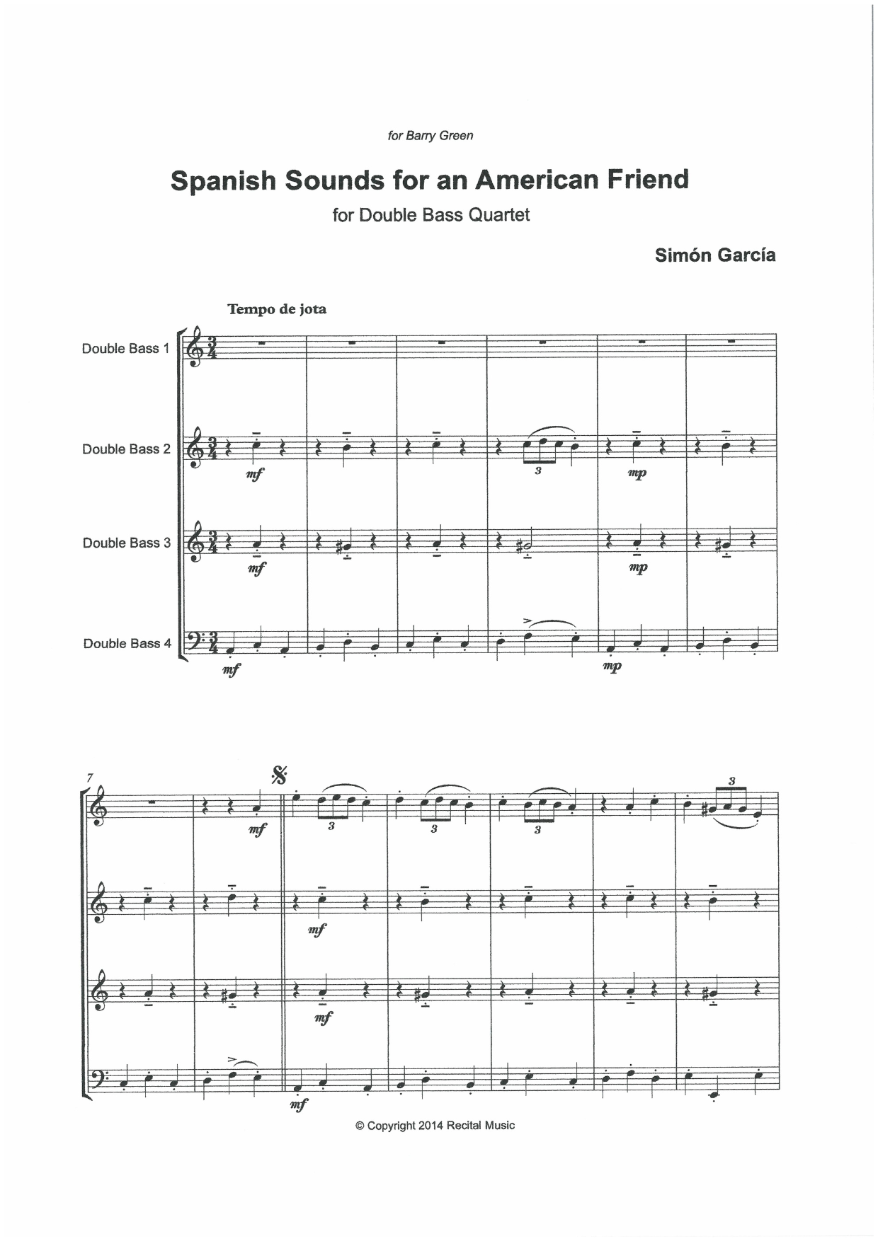 Simón García: Spanish Sounds for an American Friend for double bass quartet