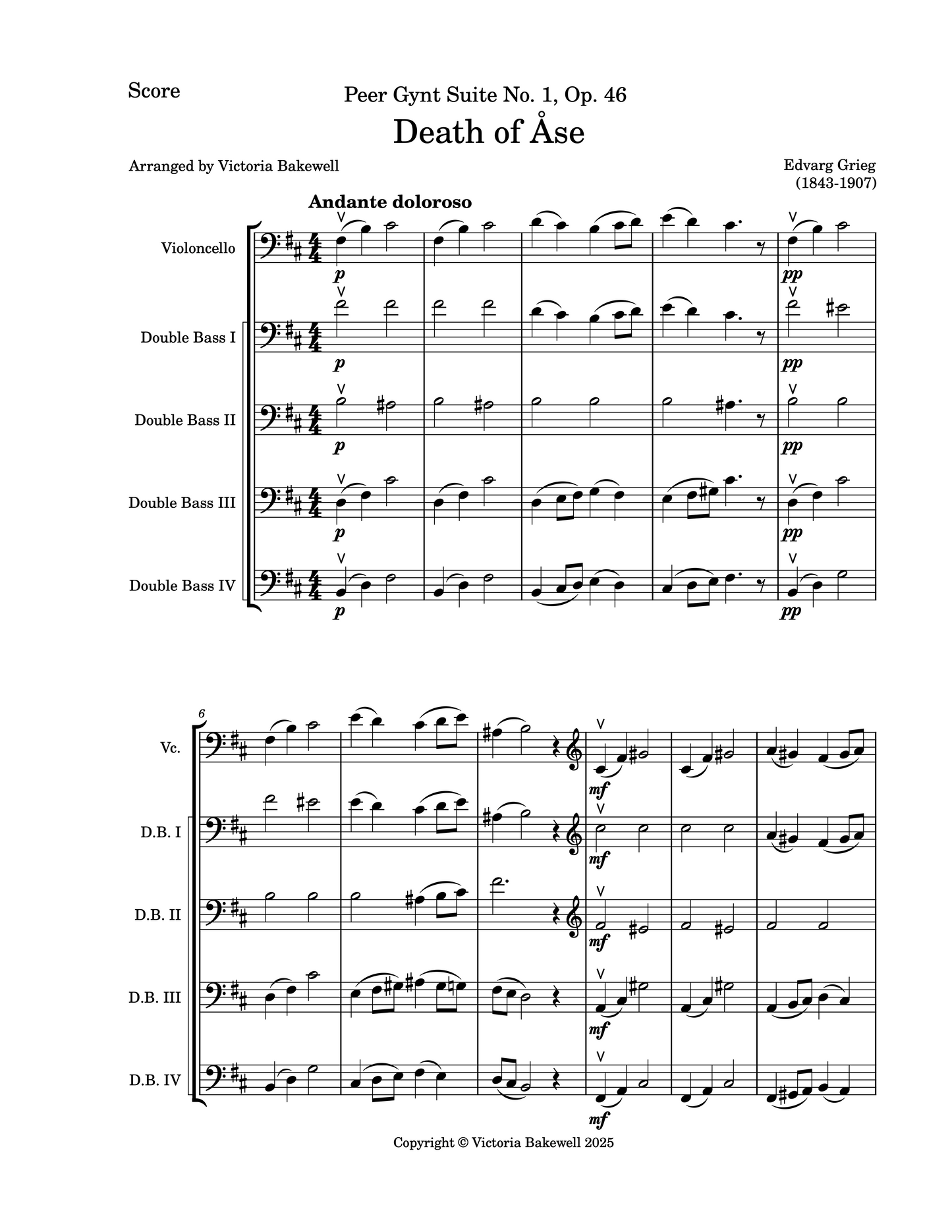 Edvarg Grieg: Death of Åse from the Peer Gynt Suite No. 1, Op. 46 for Violoncello & 4 Double Basses (arr. Victoria Bakewell)