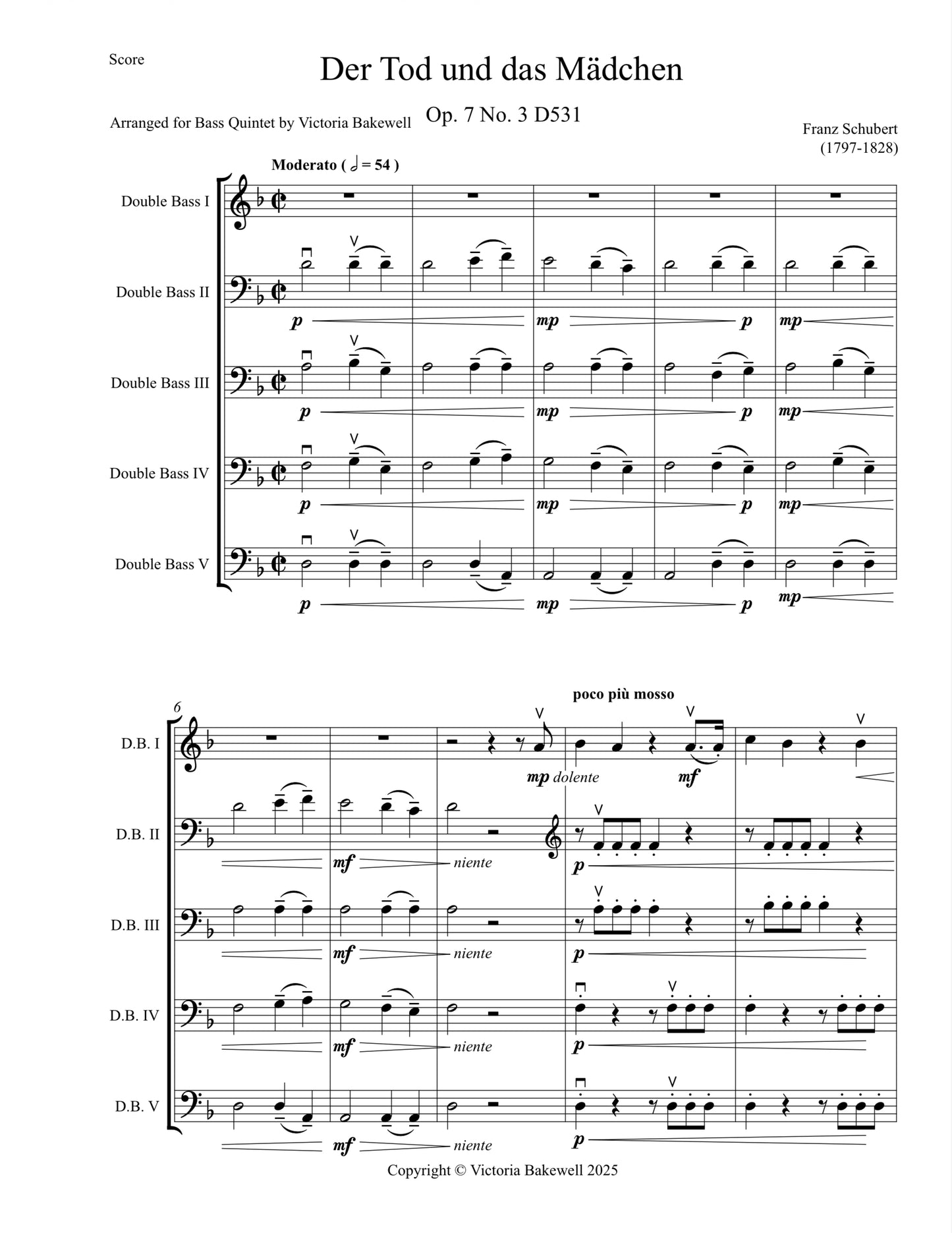 Franz Schubert: Der Tod un Das Mädchen (Death and the Maiden) for bass quintet (arr. Victoria Bakewell)