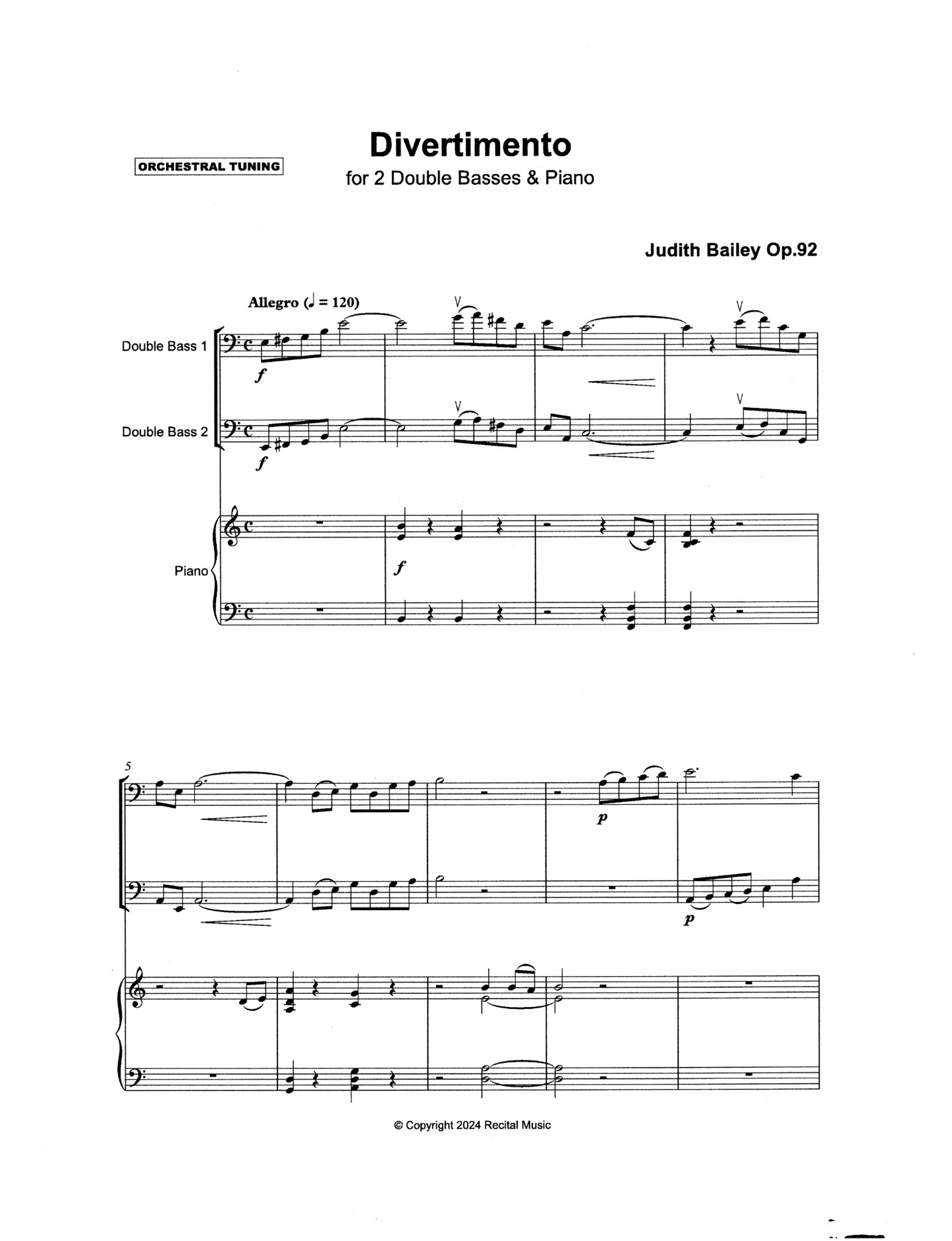 Judith Bailey: Divertimento Op. 92 for 2 double basses & piano