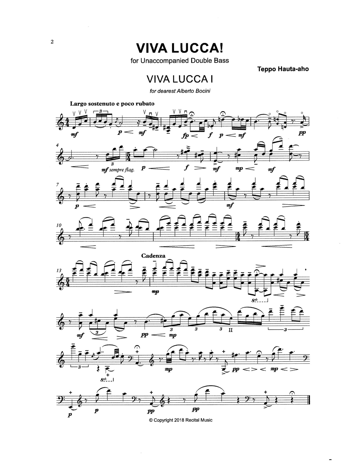 Teppo Hauta-aho: Viva Lucca! for unaccompanied double bass