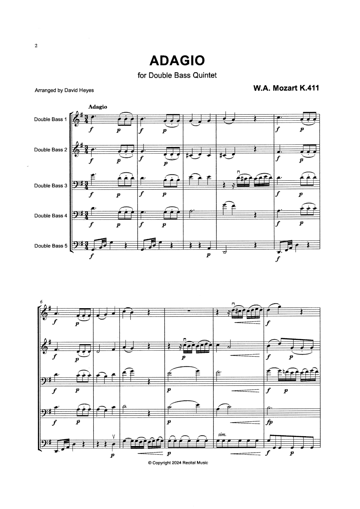 W.A. Mozart: Adagio K.411 for double bass quintet (arr. David Heyes)