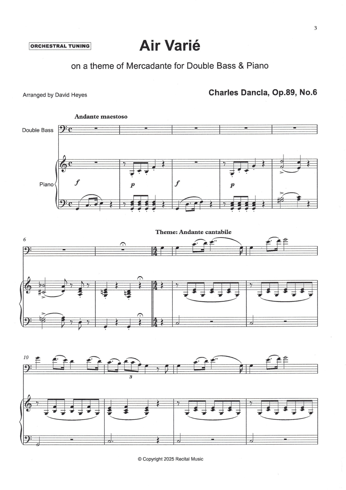 Charles Dancla: Air Varie on a theme of Mercadante for double bass & piano (arr. David Heyes)