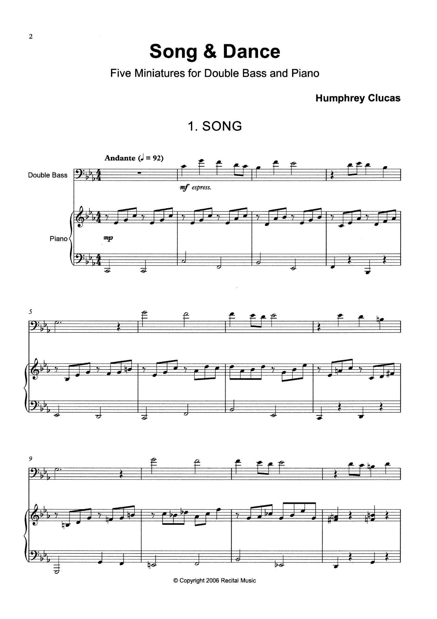 Humphrey Clucas: Song & Dance: Five Miniatures for double bass & piano