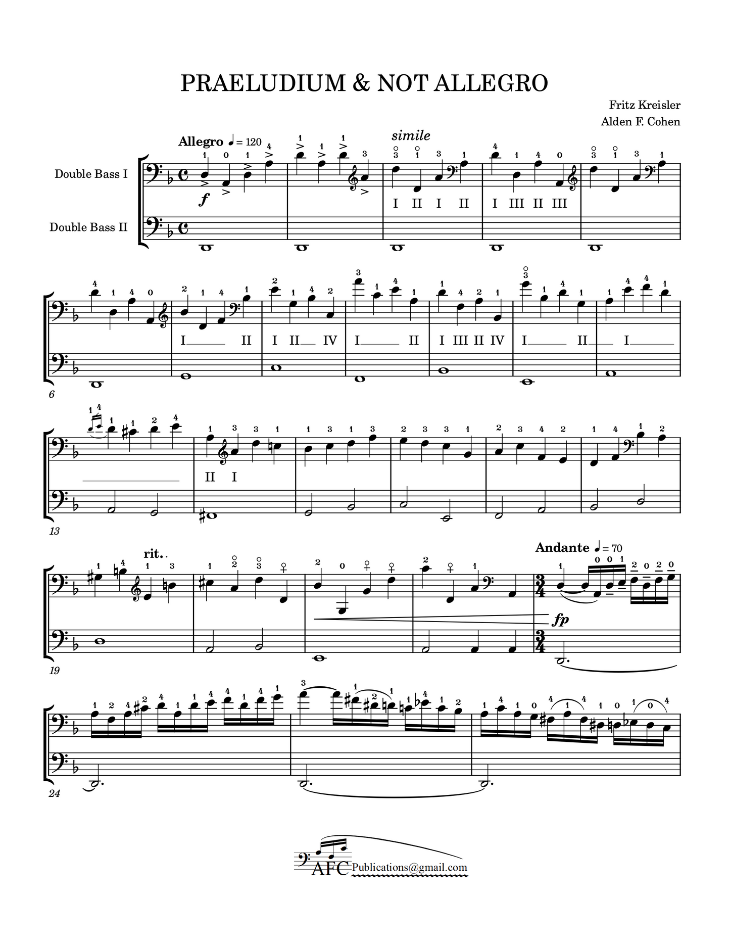 Fritz Kreisler: Praeludium and Not Allegro for solo double bass or bass duet (arr. Alden Cohen)