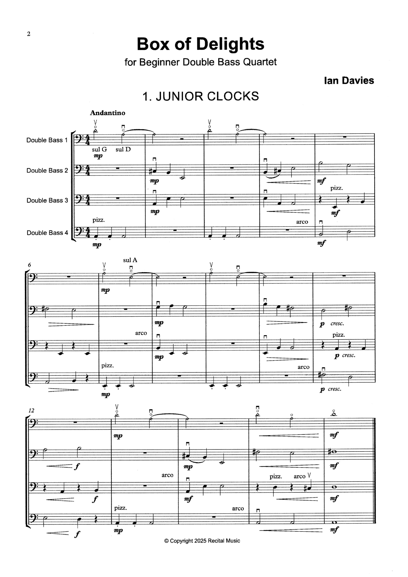 Ian Davies: A Box of Delights: Five Pieces for Beginner Double Bass Quartet