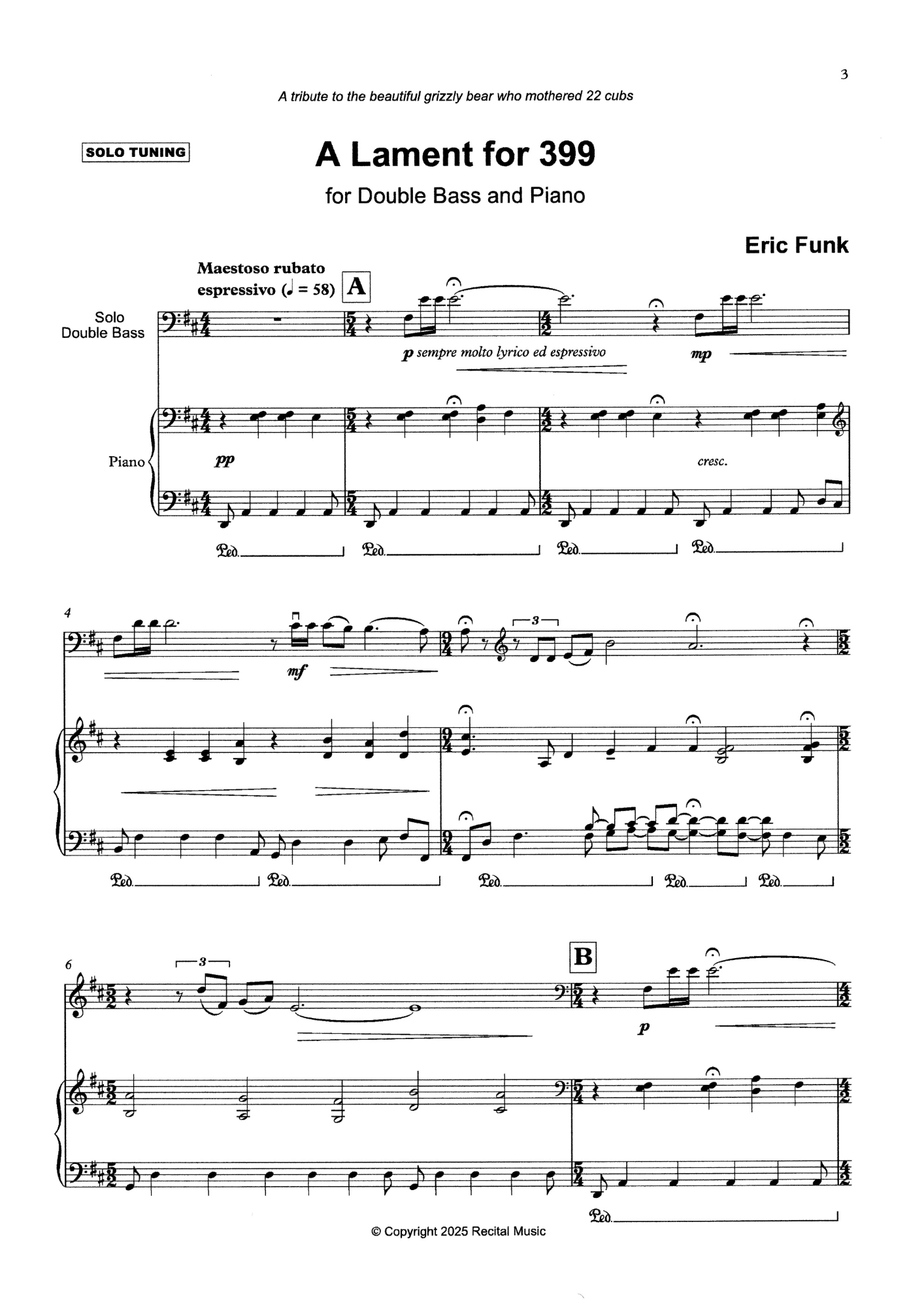 Eric Funk: A Lament for 399 for double bass & piano