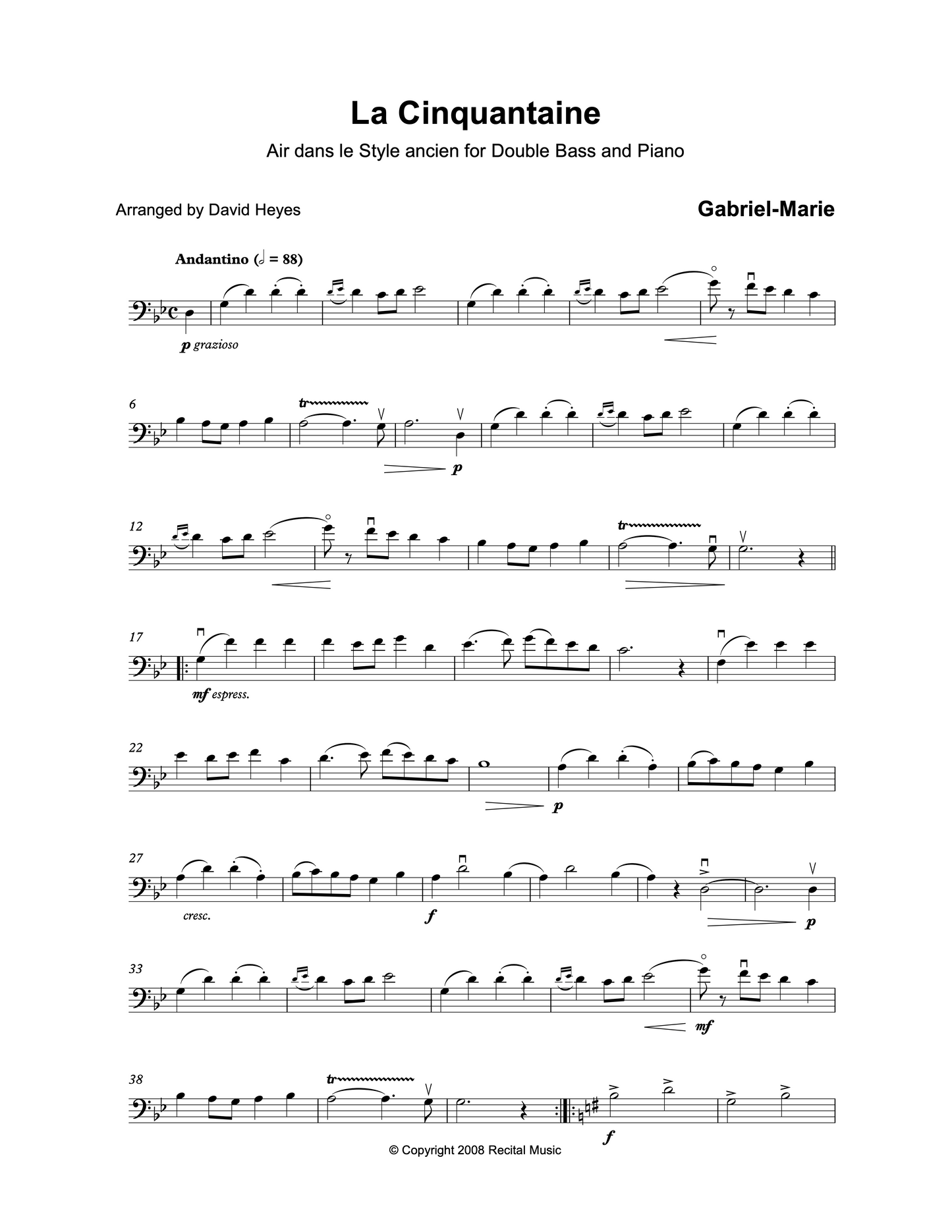 Gabriel-Marie: La Cinquantaine for Double Bass & Piano (arr. David Heyes)