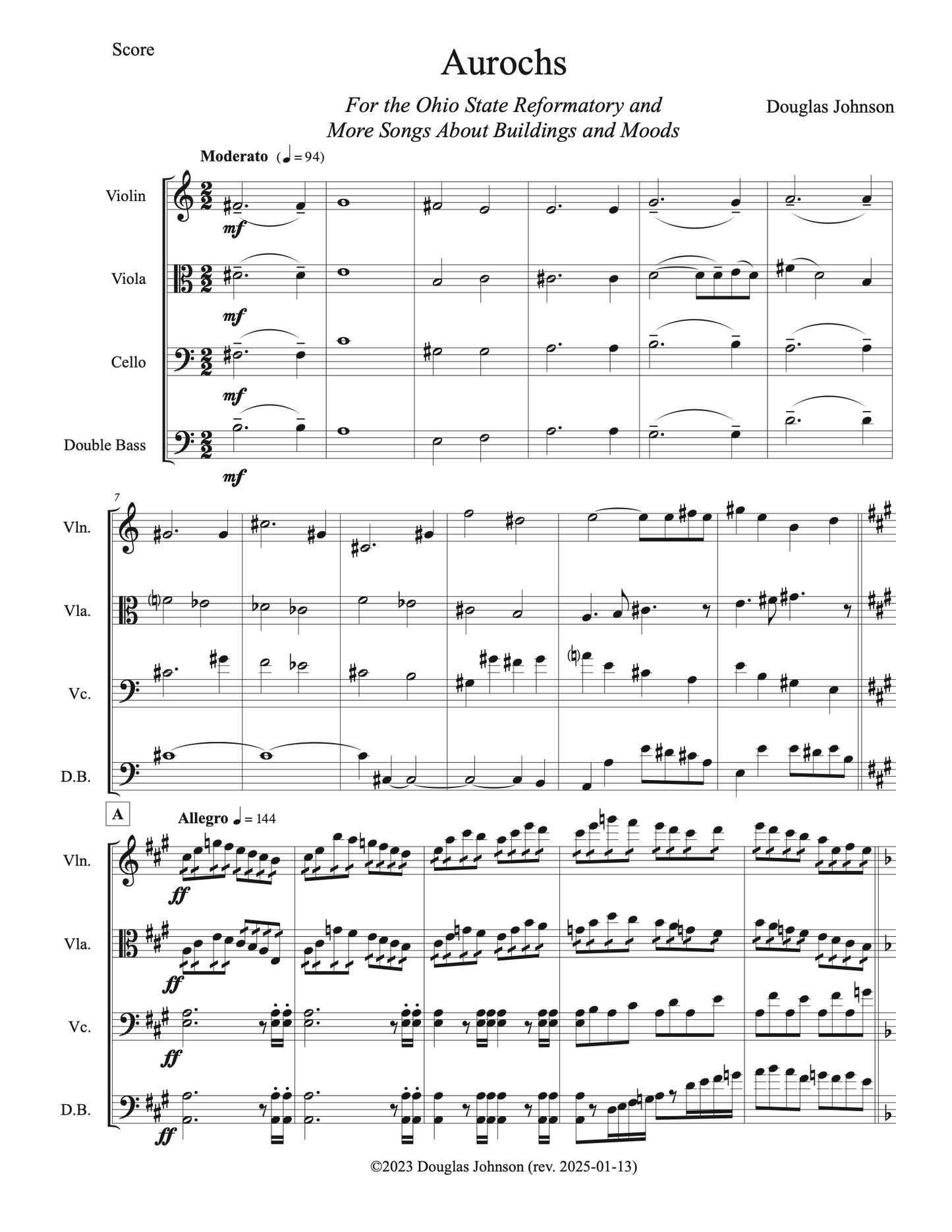 Douglas Johnson: Aurochs for string quartet (Vln, Vla, Cello, DB)