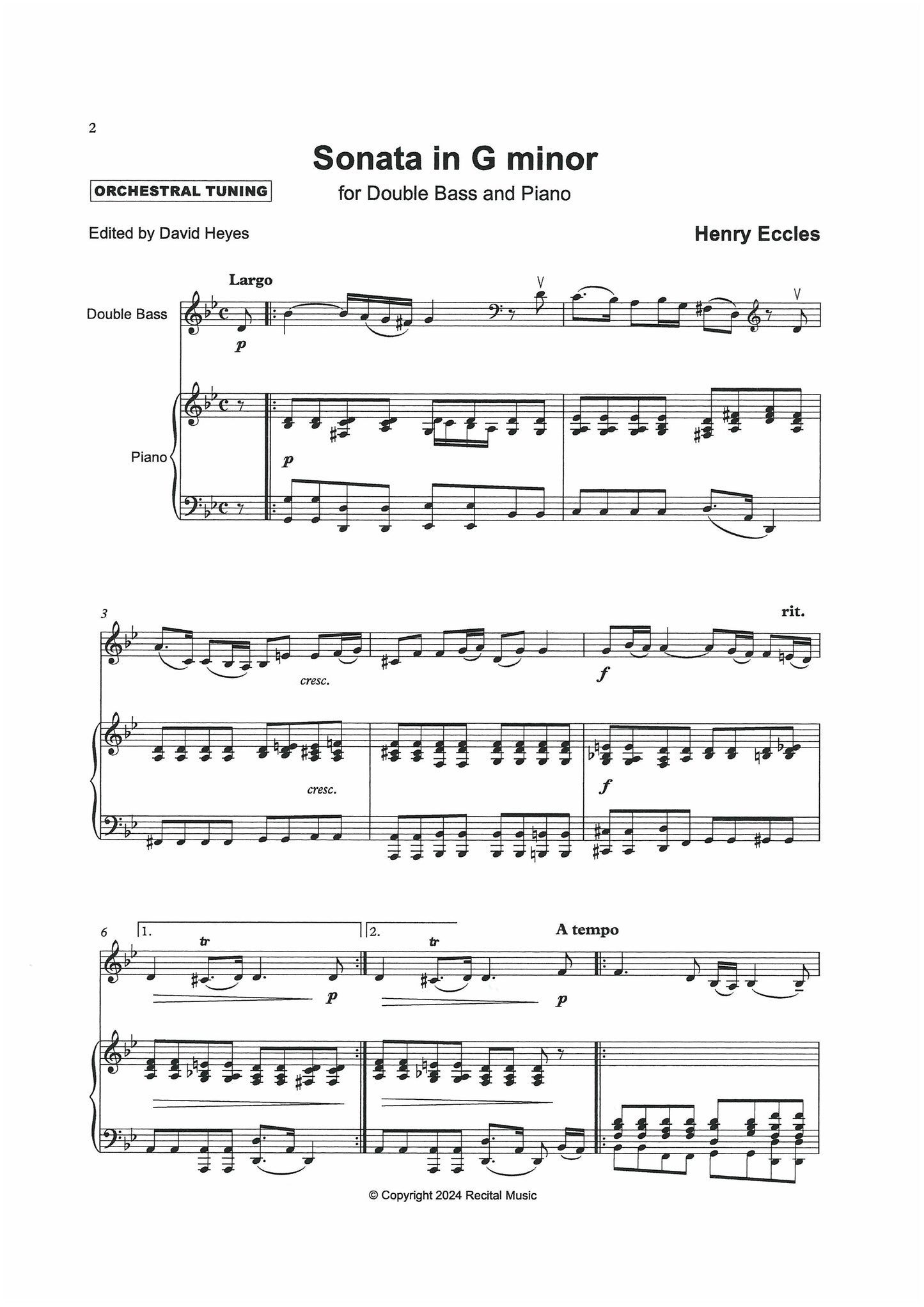 Henry Eccles: Sonata in G minor for double bass & piano (ed. David Heyes)