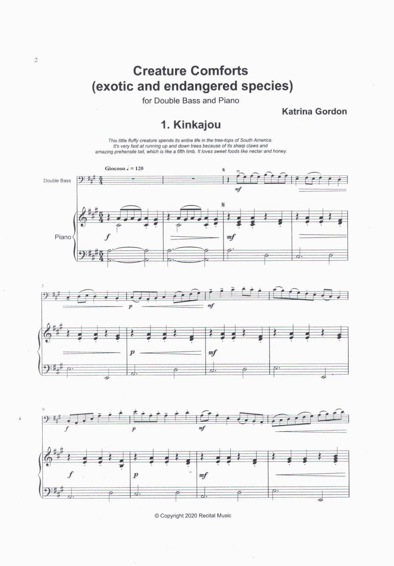 Katrina Gordon: Creature Comforts (exotic and endangered species) for double bass & piano