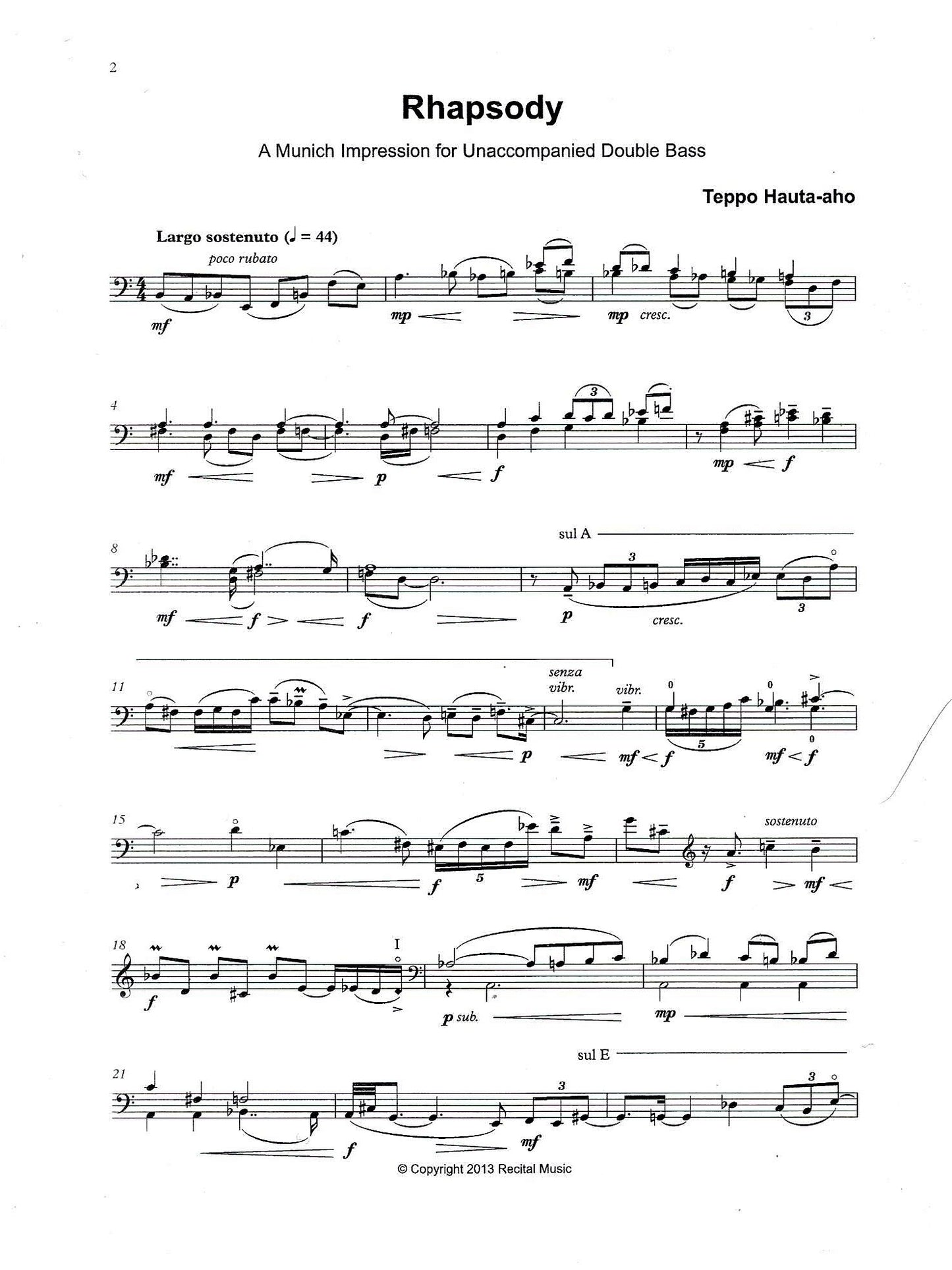 Teppo Hauta-aho: Rhapsody - A Munich Impression for unaccompanied double bass