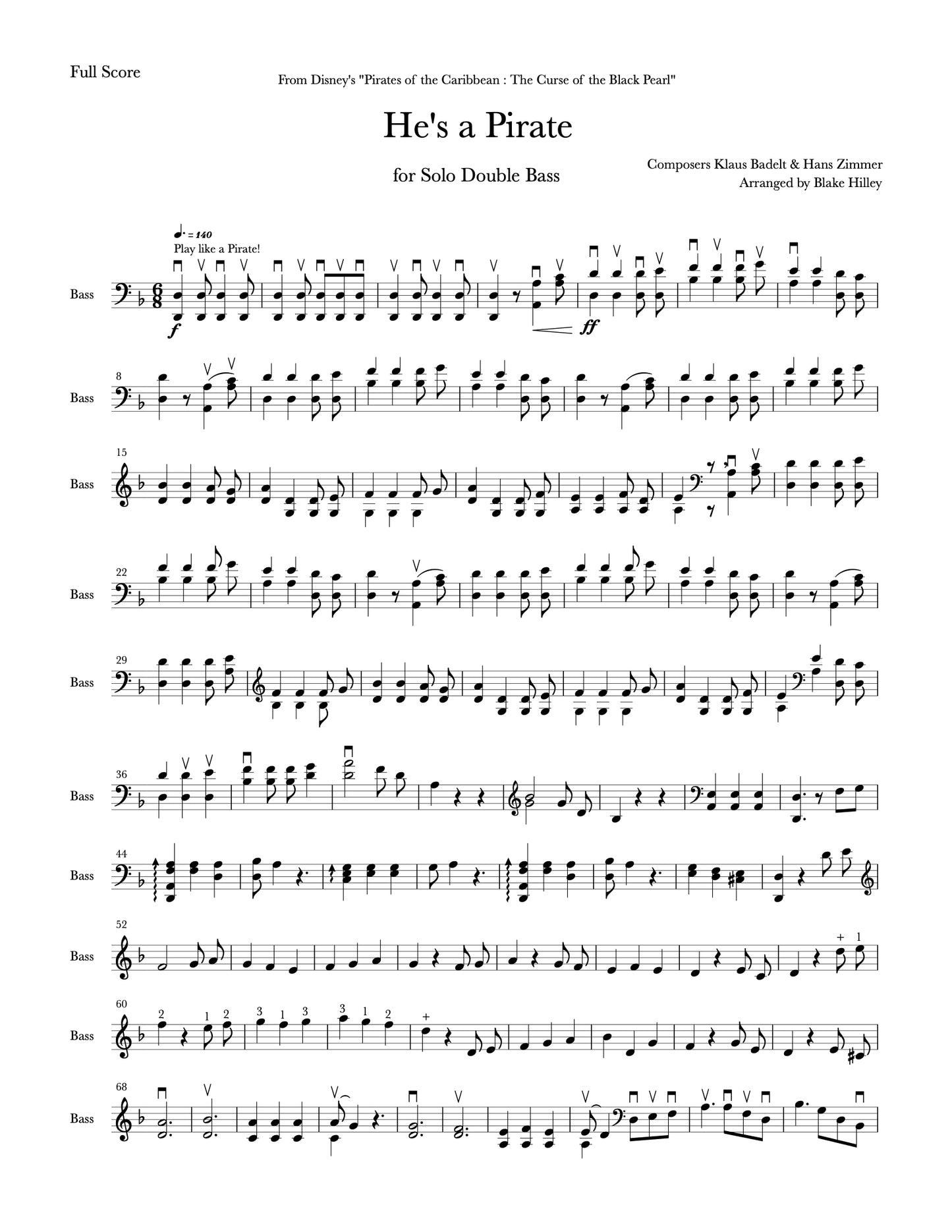 Klaus Badelt & Hans Zimmer: He's a Pirate arranged for Solo Double Bass by Blake Hilley