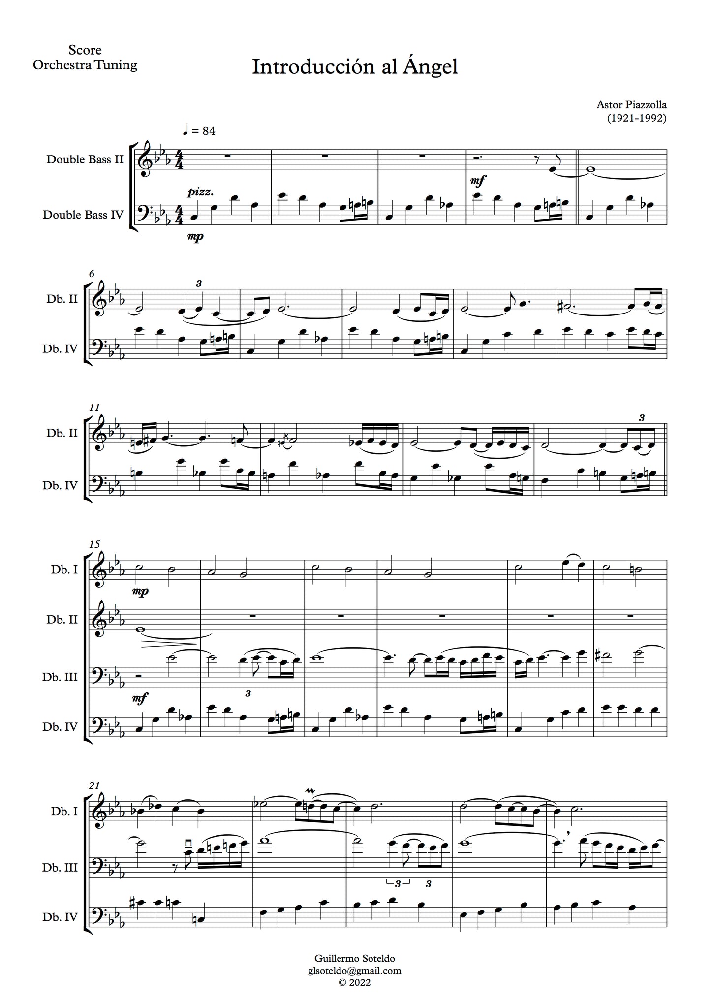 Piazzolla: Introducción al Ángel for double bass quartet (Soteldo)