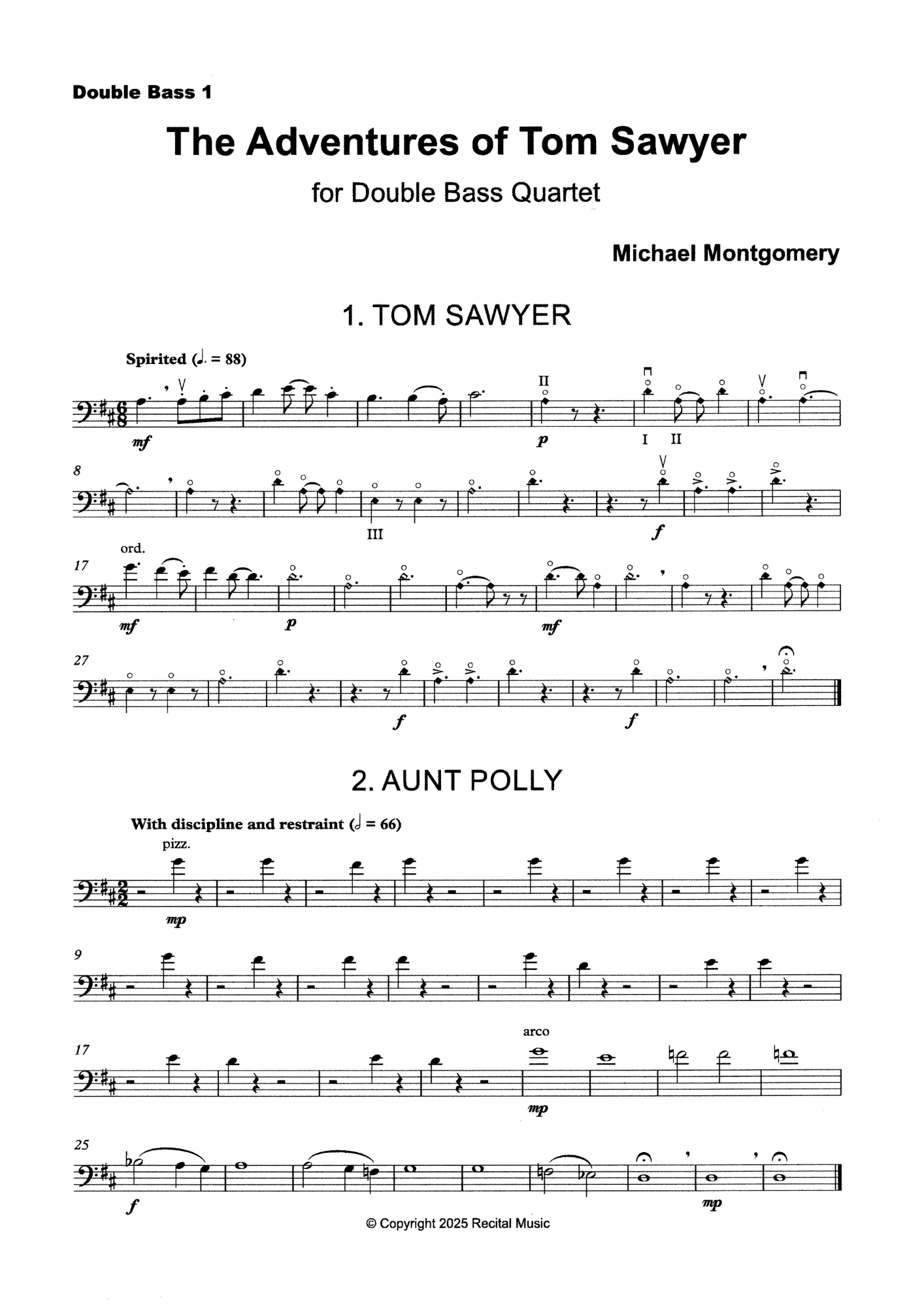 Michael Montgomery: The Adventures of Tom Sawyer for double bass quartet