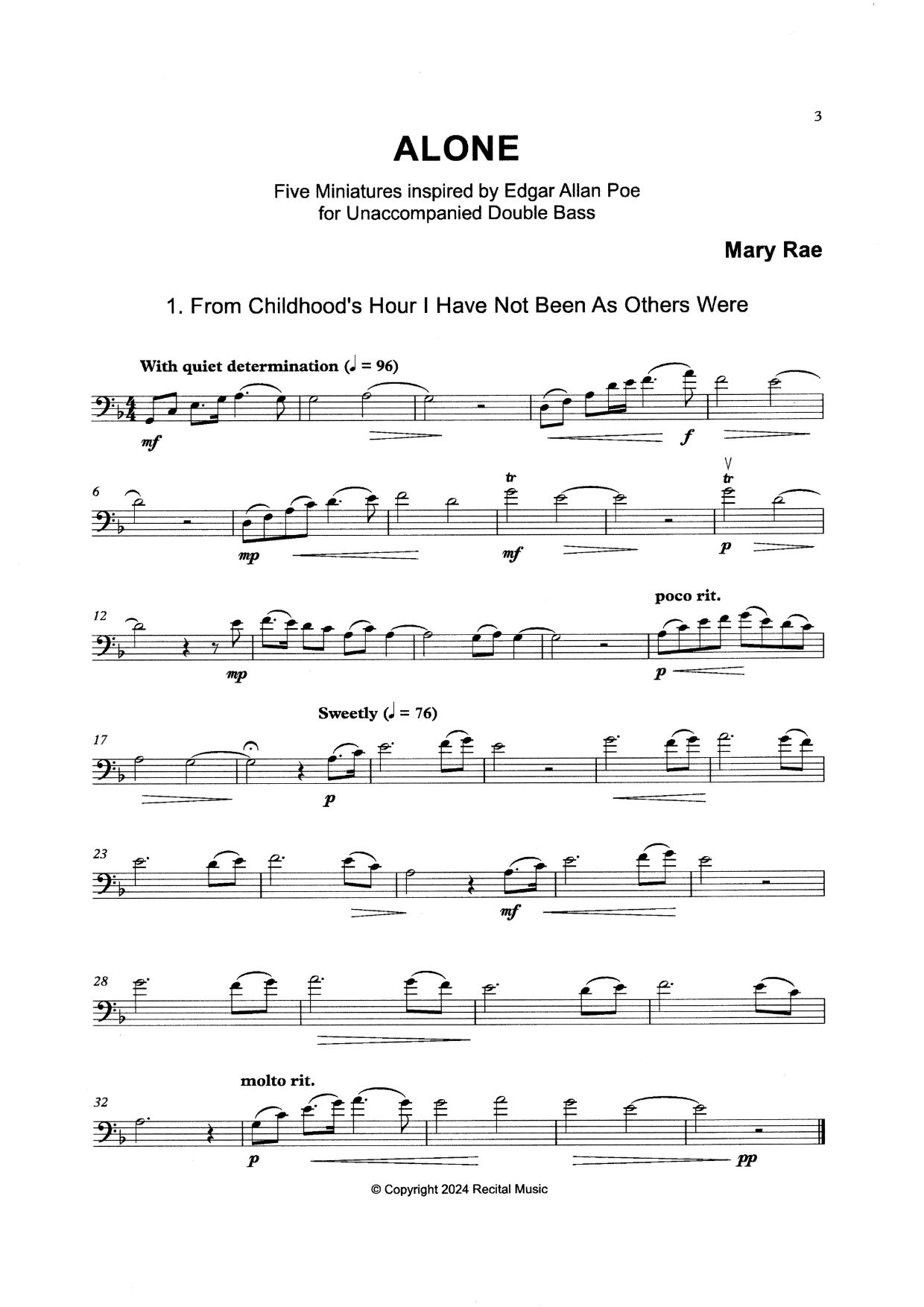 Mary Rae: Alone: 5 Miniatures Inspired by Edgar Allan Poe for unaccompanied double bass