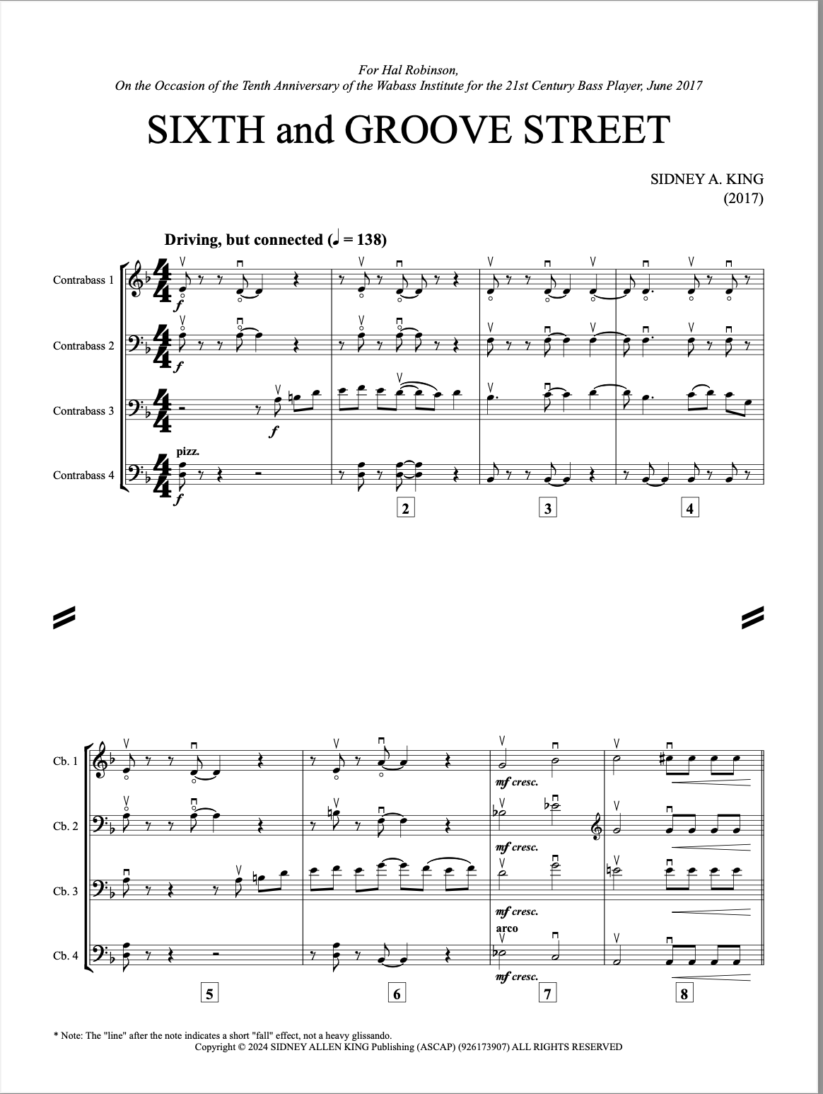 Sidney King: Sixth and Groove Street for double bass quartet