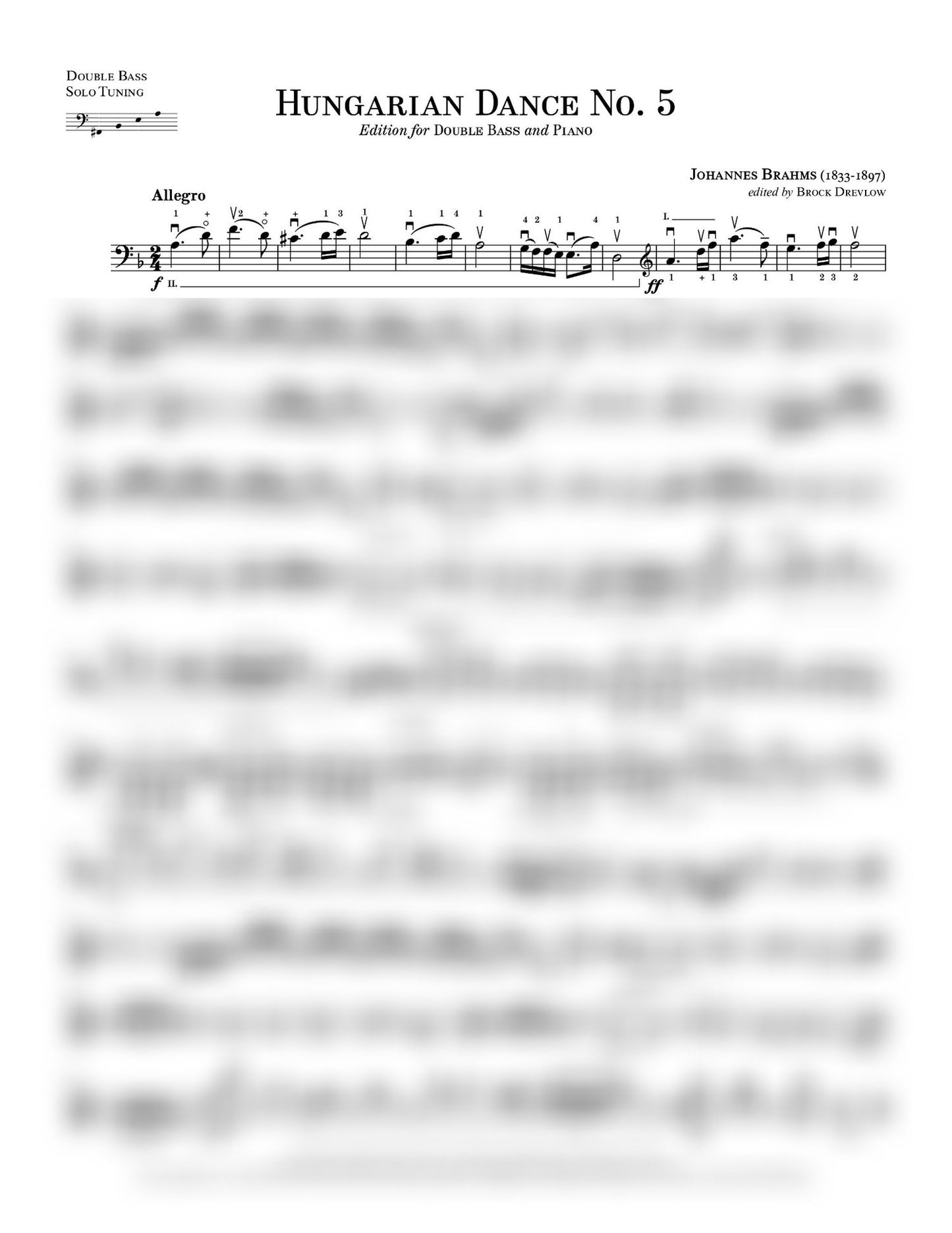 Brahms: Hungarian Dance No. 5 for double bass and piano (ed. Brock Drevlow)