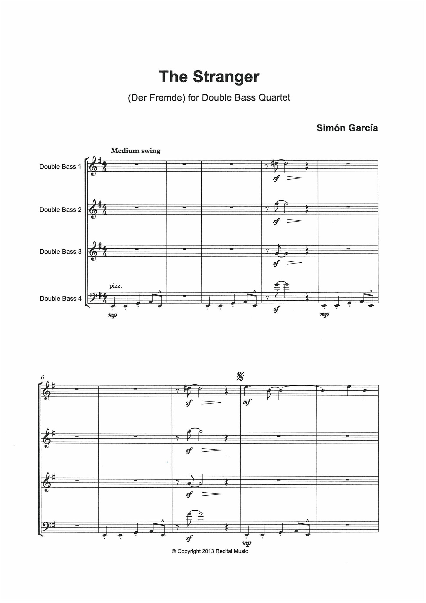 Simón García: Der Fremde (The Stranger) for double bass sextet