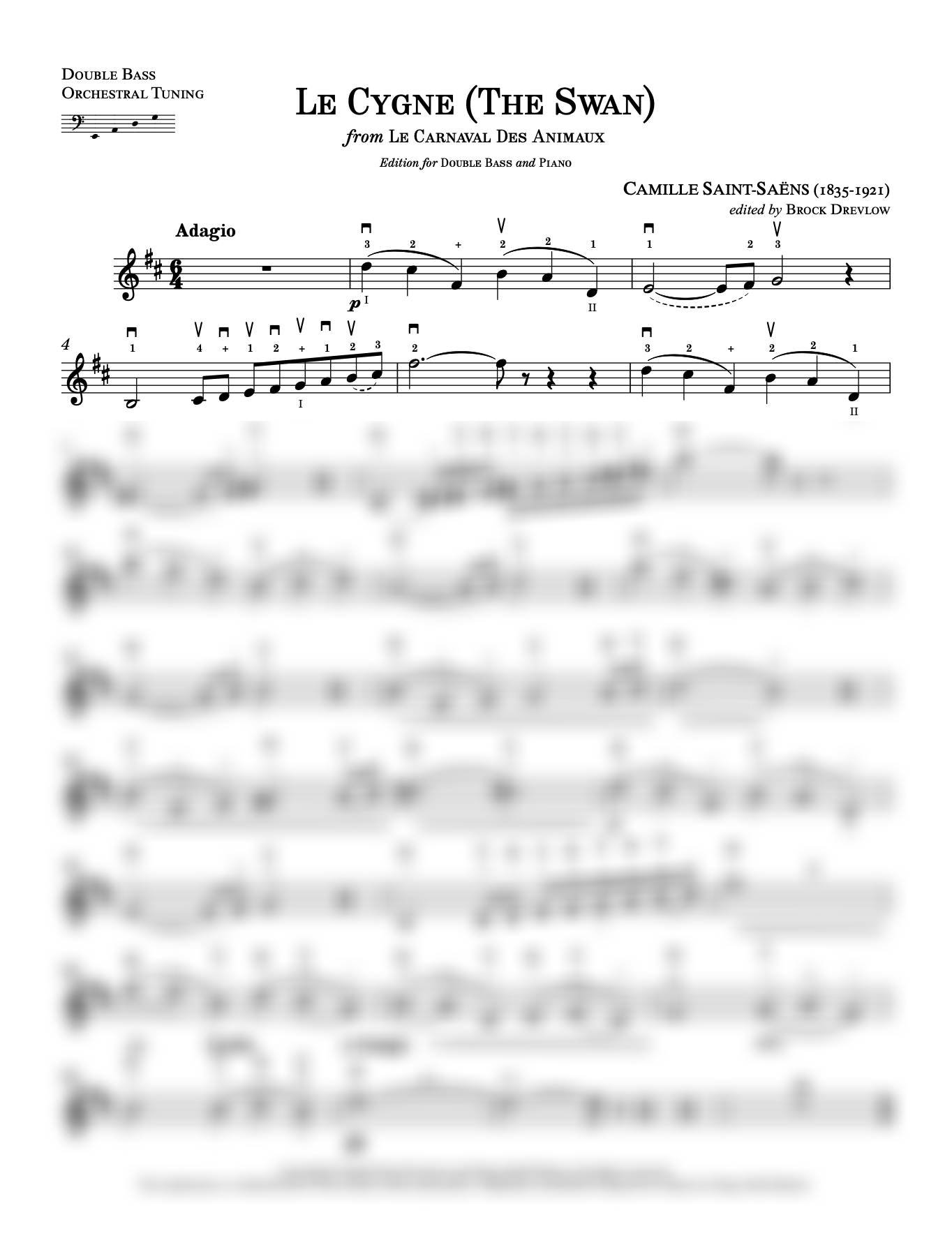 Saint-Saëns: The Swan for double bass and piano (Ed. Brock Drevlow)