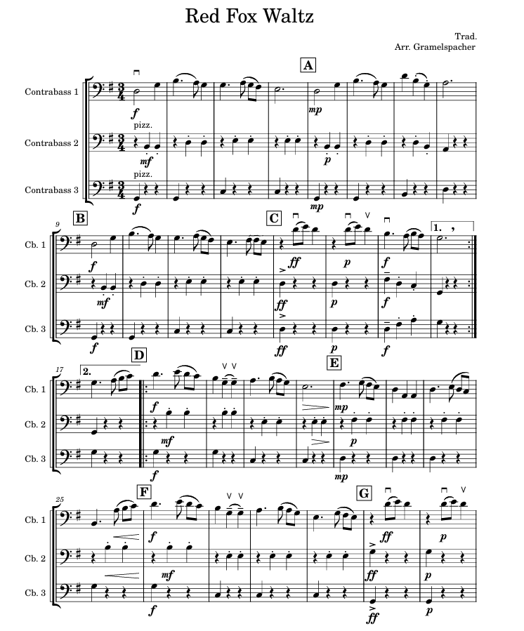 Traditional American Fiddle Tune Red Fox Waltz for double bass trio (arr. Maria Gramelspacher)