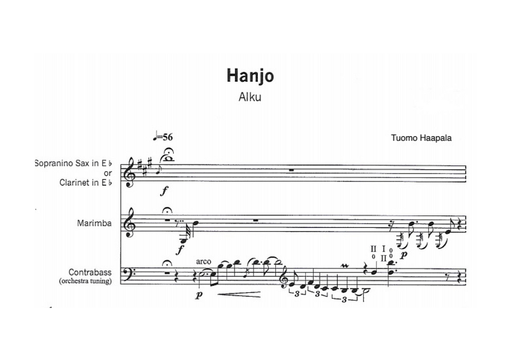 Tuomo Haapala: Hanjo for soprano sax, Eb Clarinet, Marimba, and Double Bass