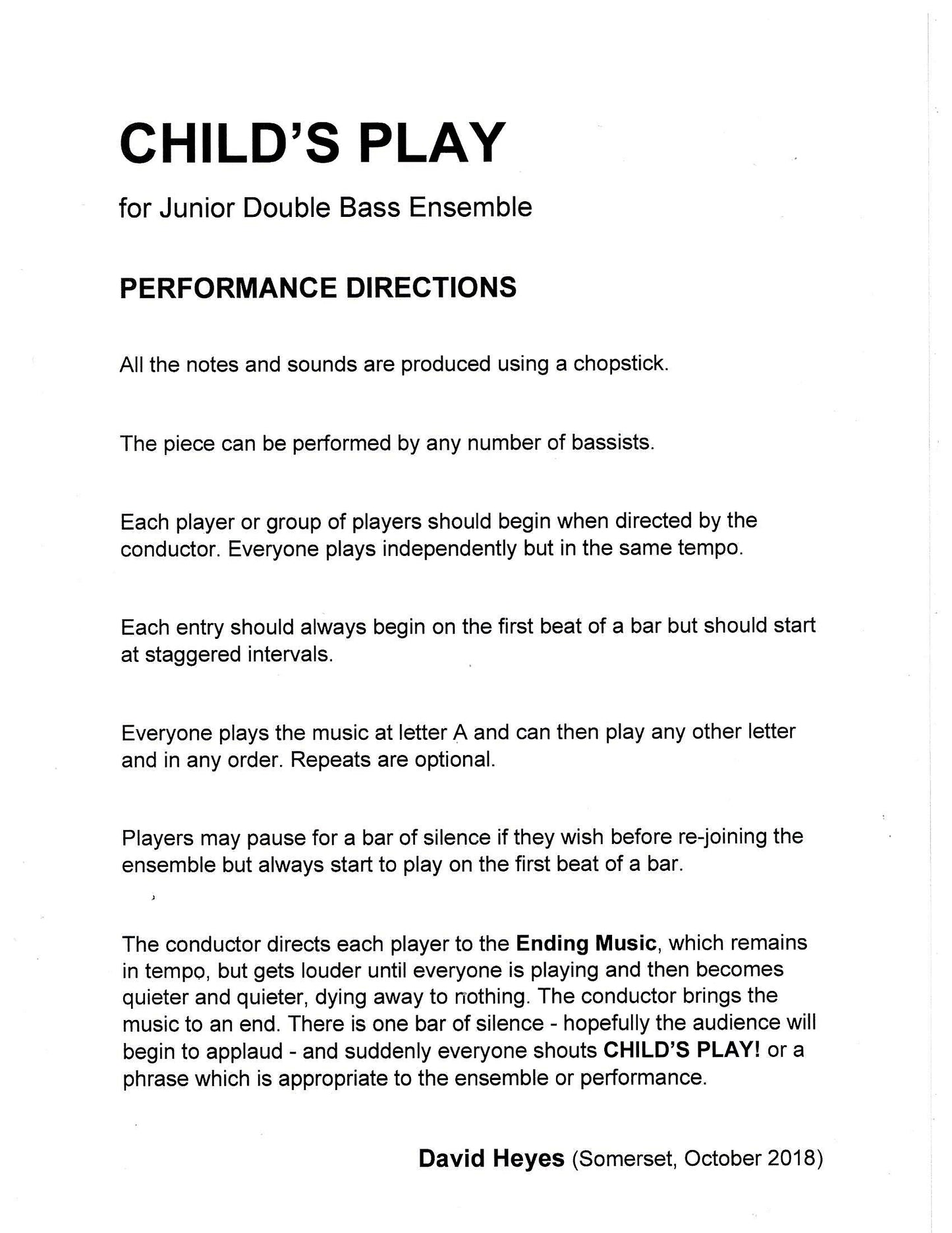 David Heyes: Child's Play for Junior Double Bass Ensemble (any number of players)