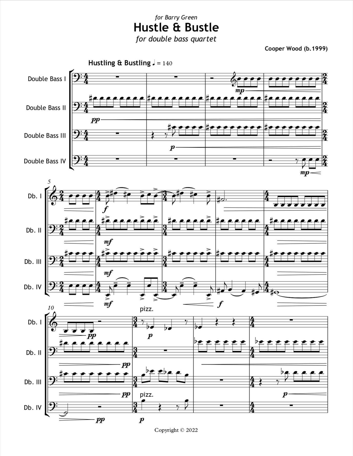 Cooper Wood: Hustle & Bustle for double bass quartet