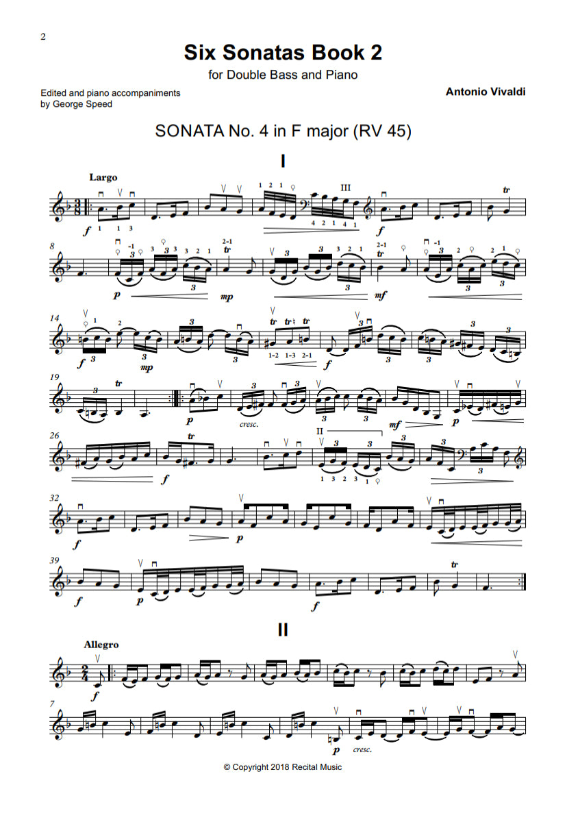 Antonio Vivaldi (arranged by George Speed): Sonatas 1-6 for double bass & piano (Orchestral Tuning)