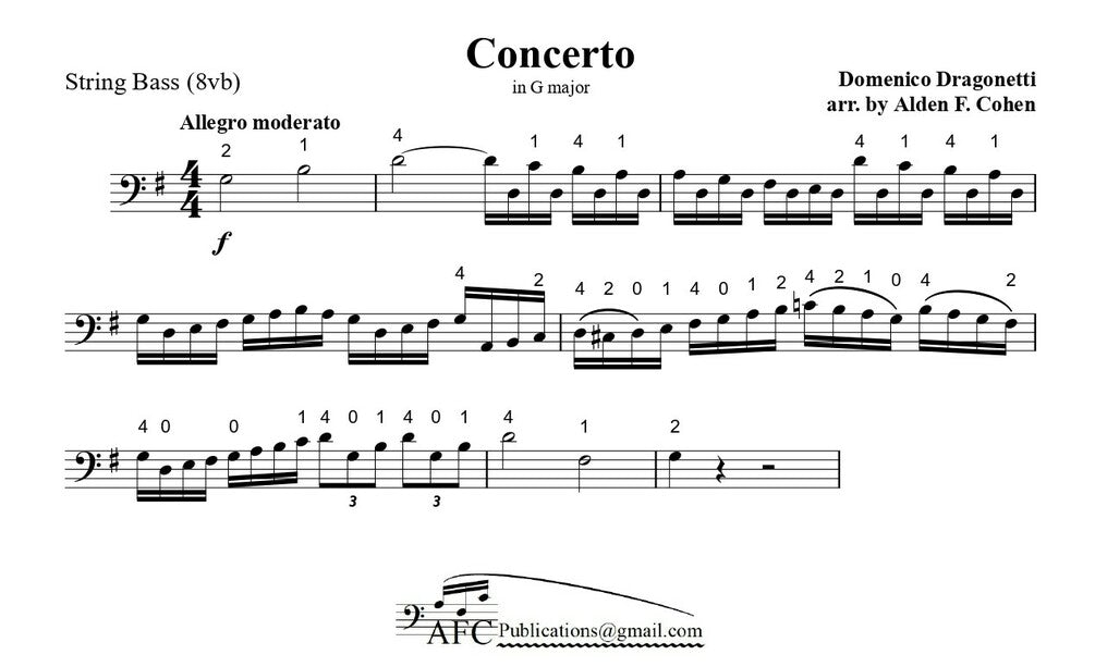 Dragonetti: Concerto for double bass (written an 8vb lower) edited by Alden Cohen