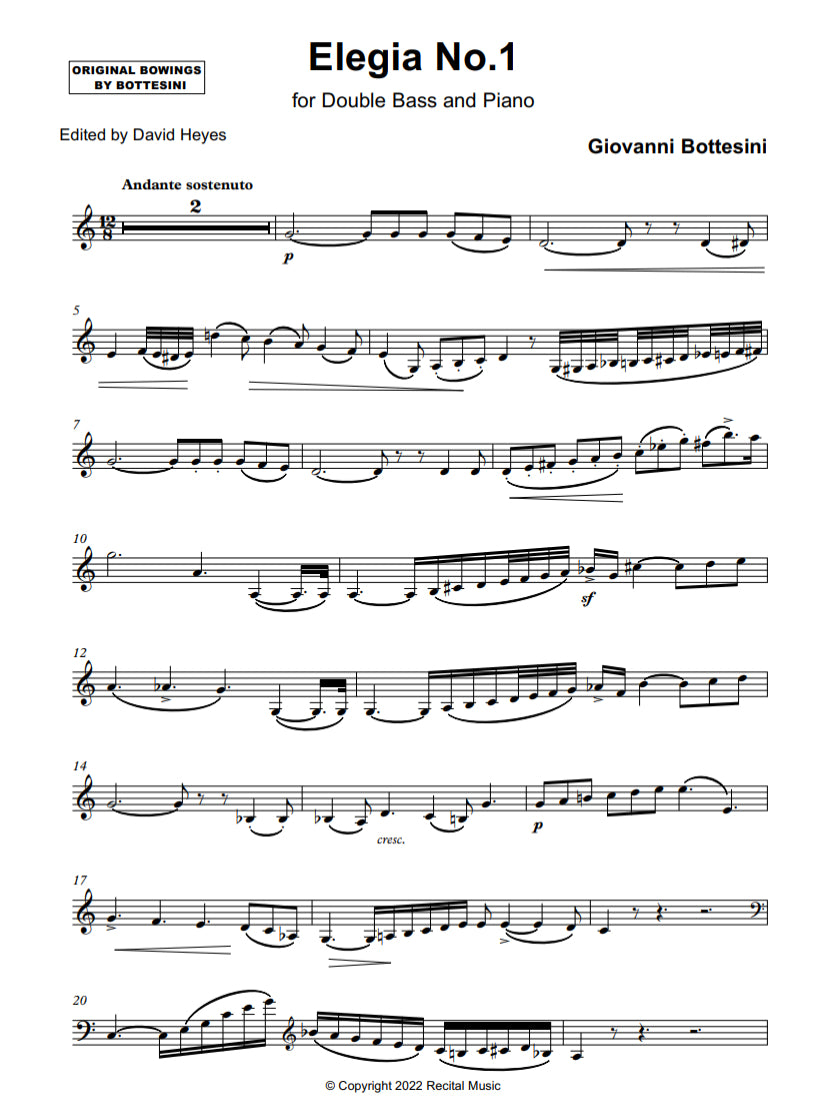 Bottesini: Elegia 1, 2, & 3 for double bass and piano (edited by David Heyes)