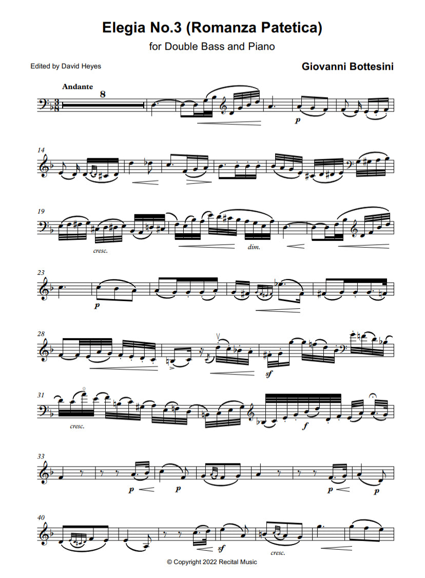Bottesini: Elegia 1, 2, & 3 for double bass and piano (edited by David Heyes)