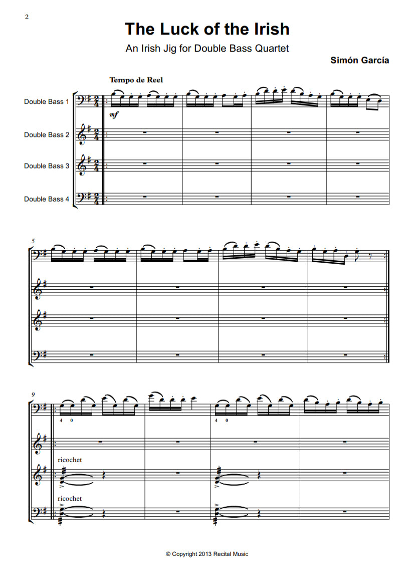Simón García: The Luck of the Irish for double bass quartet