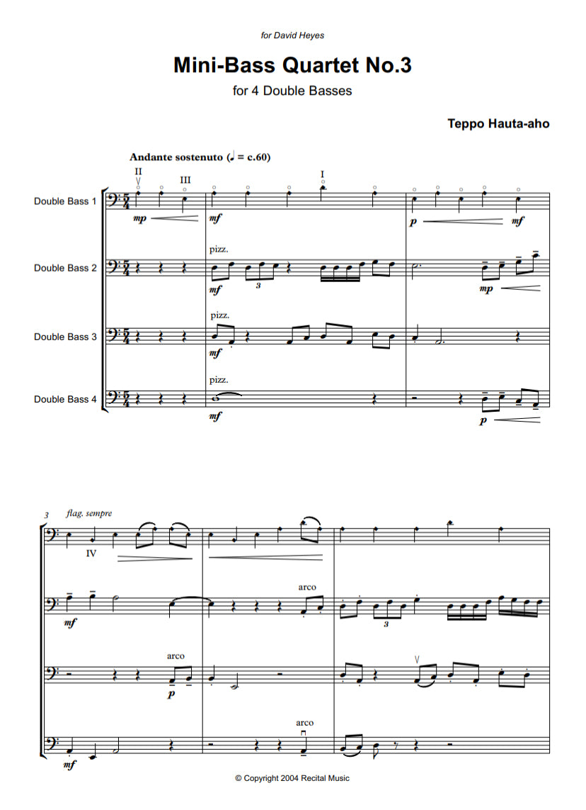 Teppo Hauta-aho: Mini-Bass Quartet No.3 for 4 double basses
