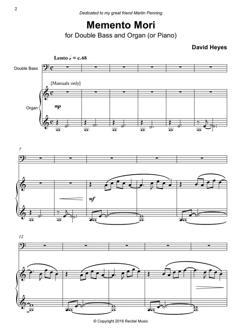 David Heyes: Memento Mori for double bass & organ or piano