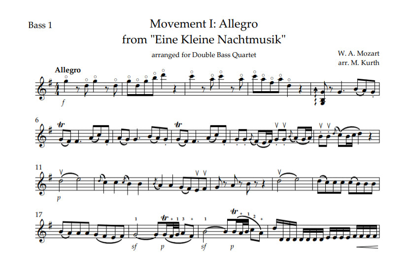Mozart: Eine Kleine Nachtmusik for double bass quartet (arr. by Kurth)