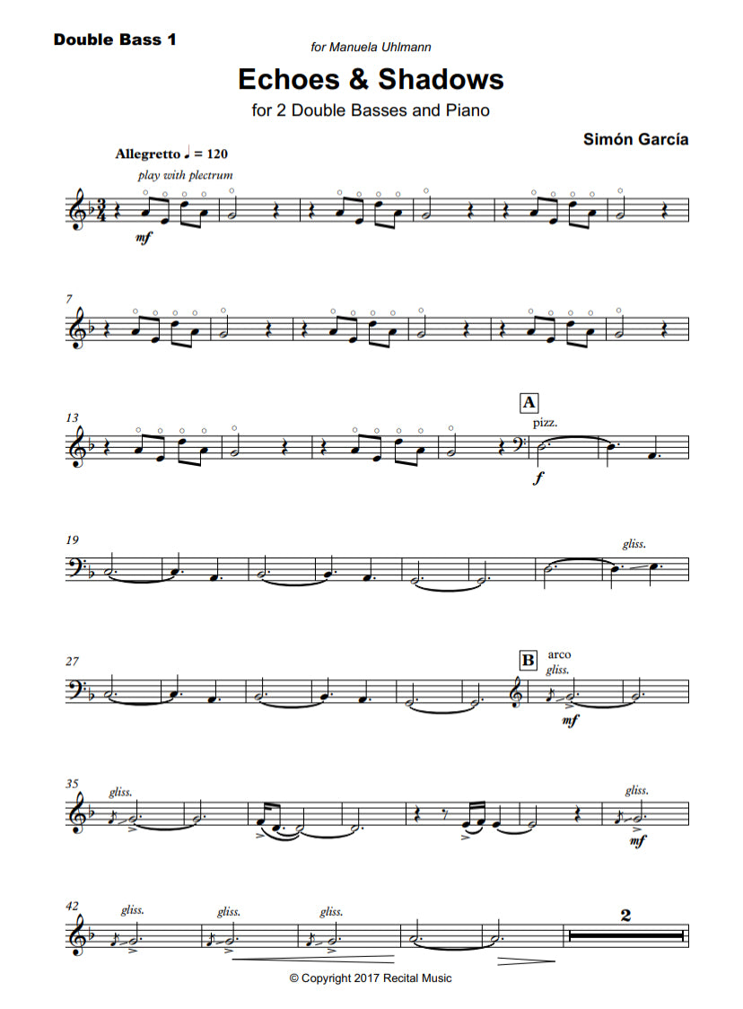 Simón García: Echoes & Shadows for 2 double basses & piano