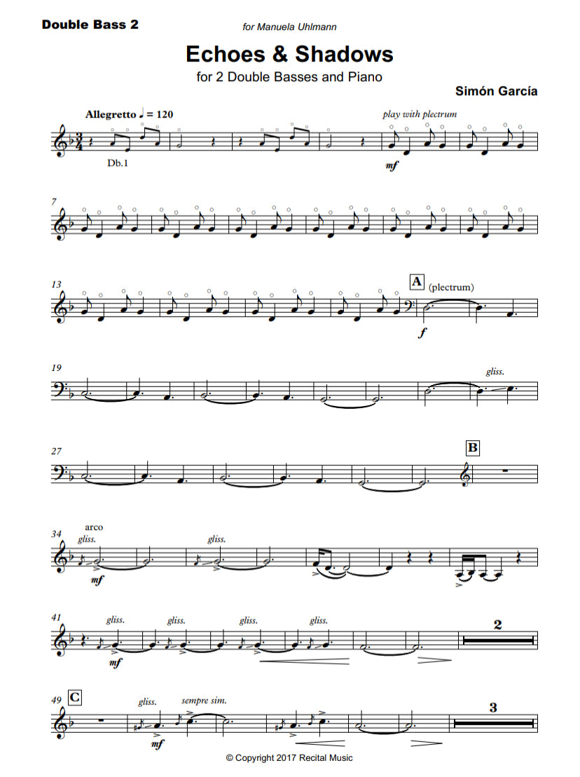 Simón García: Echoes & Shadows for 2 double basses & piano