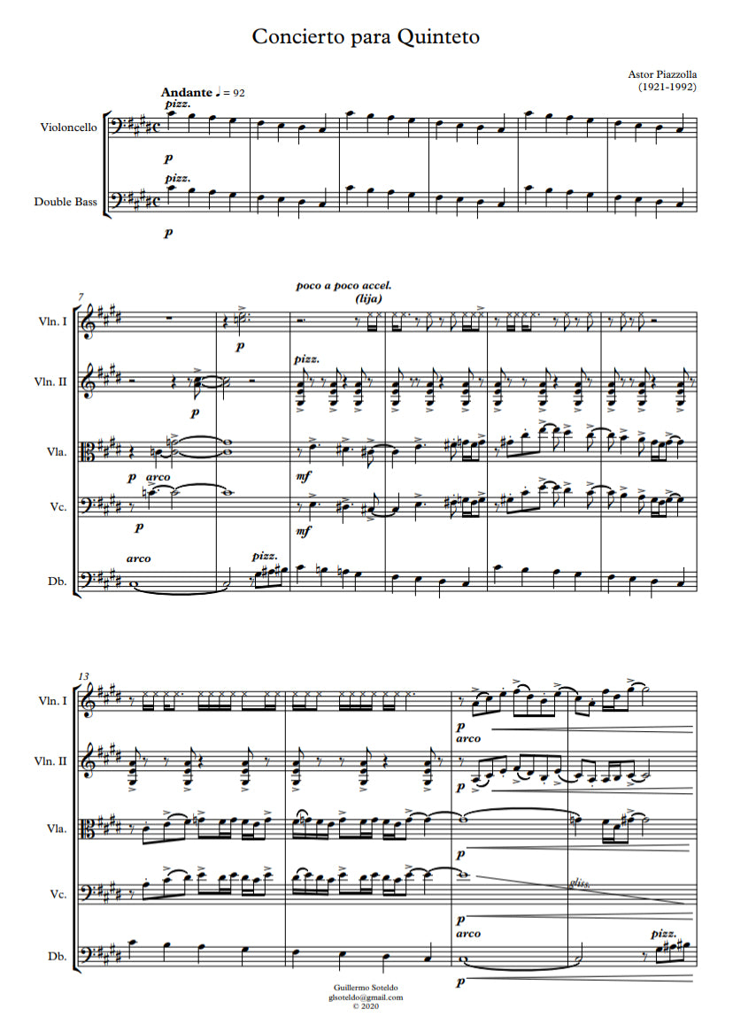 Astor Piazzolla: Concierto para Quinteto for string quintet (2 vln, vla, cello, db) arr. Soteldo)