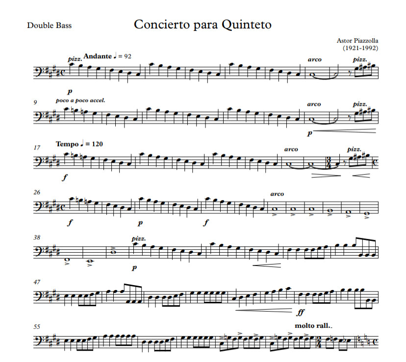 Astor Piazzolla: Concierto para Quinteto for string quintet (2 vln, vla, cello, db) arr. Soteldo)