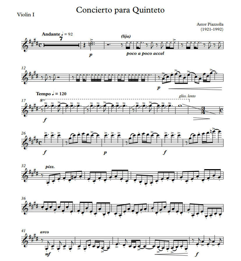 Astor Piazzolla: Concierto para Quinteto for string quintet (2 vln, vla, cello, db) arr. Soteldo)