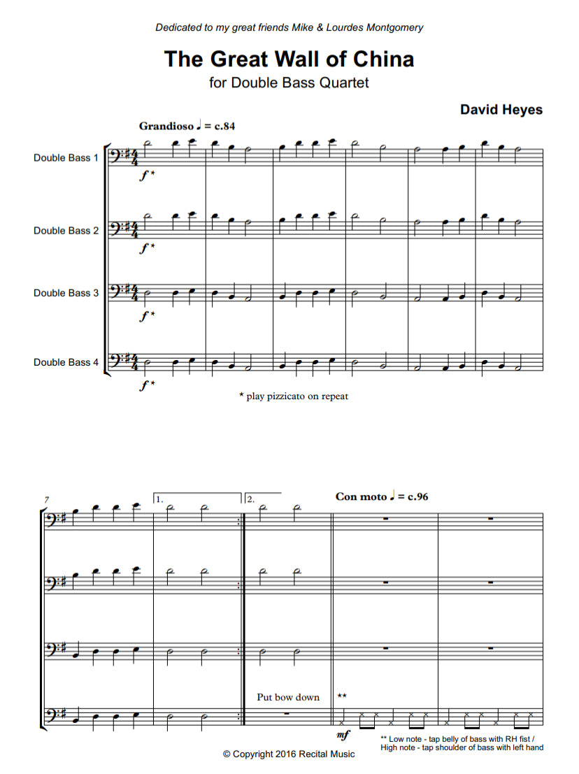 David Heyes: The Great Wall of China for beginner-intermediate double bass quartet