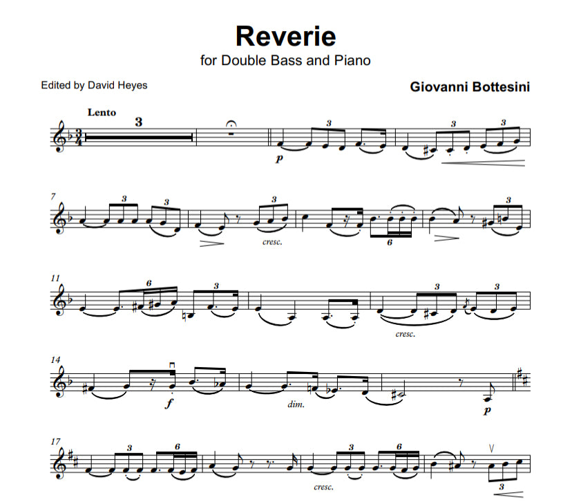 Giovanni Bottesini: Reverie for double bass & piano (Intermediate Level) edited by David Heyes