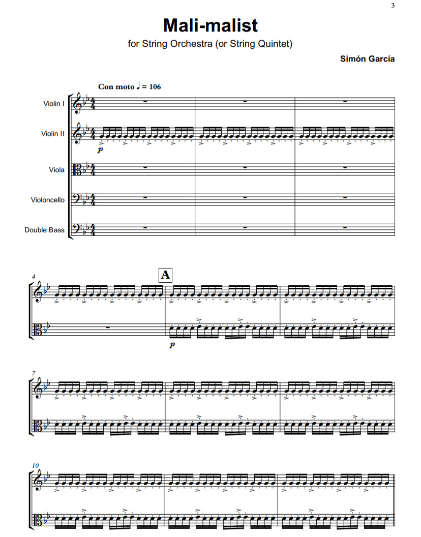 Simón García: Mali-malist for string orchestra or string quintet