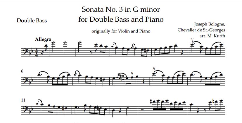 Joseph Bologne: Sonata No. 3 in G Minor for Double Bass and Piano (arr. Kurth)
