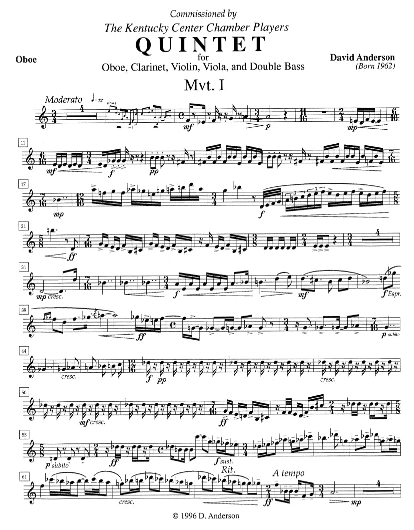 Dave Anderson: Quintet for Oboe, Clarinet, Violin, Viola, and Double Bass