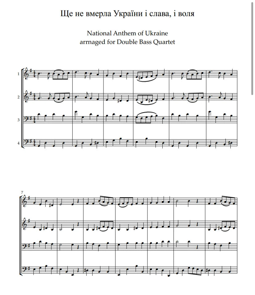 Ukrainian National Anthem for db quartet, db and piano, and solo db (arr. Kurth)