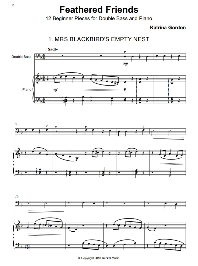 Katrina Gordon: Feathered Friends for beginner double bass & piano